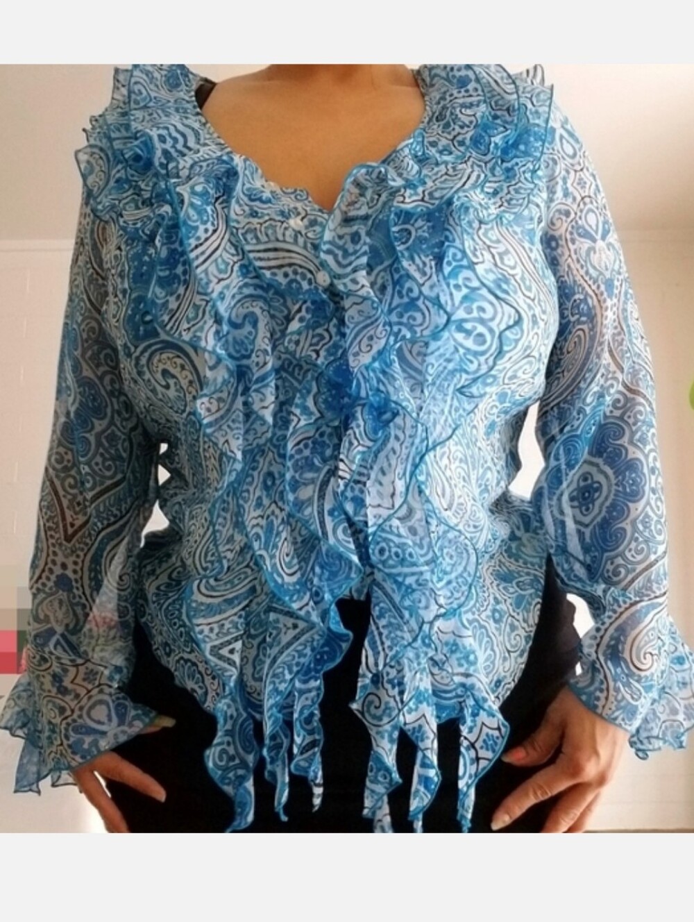 Vintage Blue And White Silk Ruffle Fairy Top - Picture 3 of 4